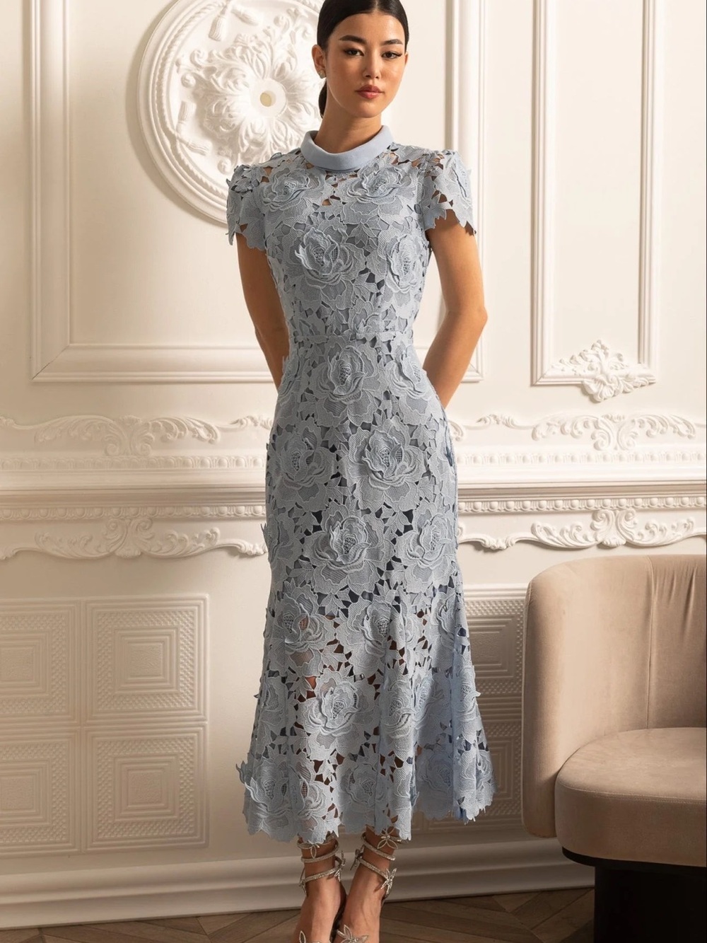 Sierra Darien Pale Blue Midi Lace Dress